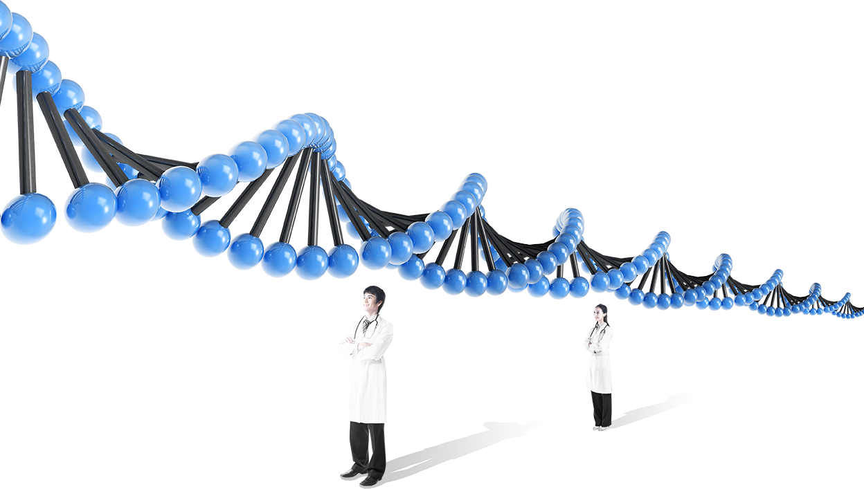 DNA double helix illustration with two laboratory scientists
